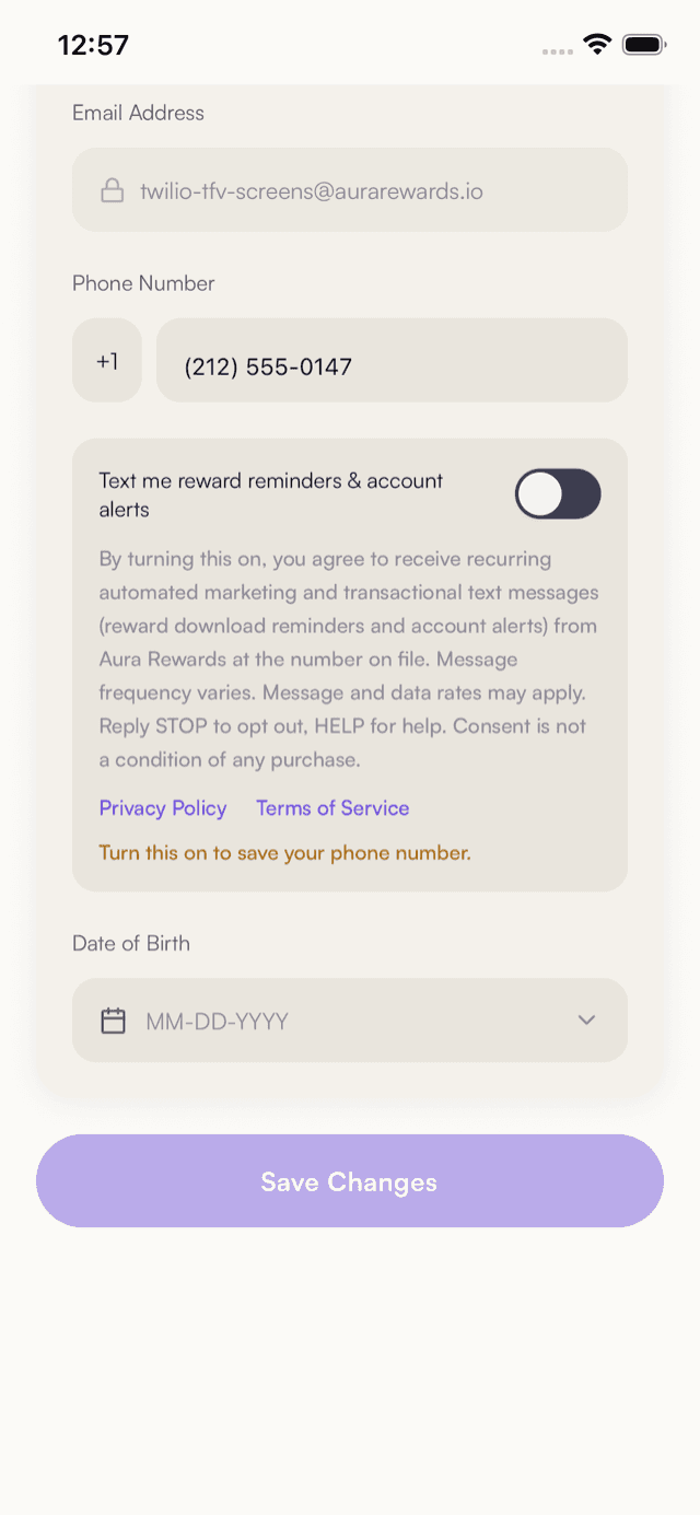 Aura Rewards Personal Info screen: phone number entered, SMS consent toggle off by default, full disclosure and Privacy Policy / Terms of Service links below it