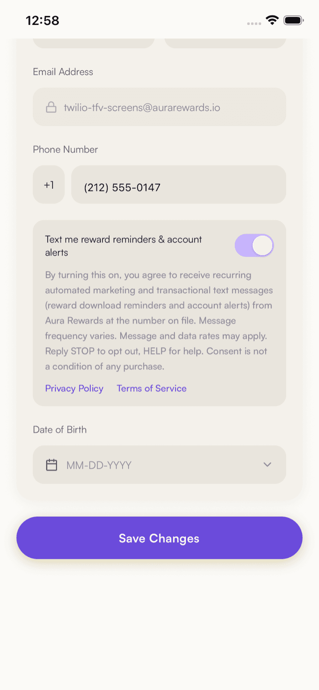 Aura Rewards Personal Info screen with the SMS consent toggle turned on by the member before saving