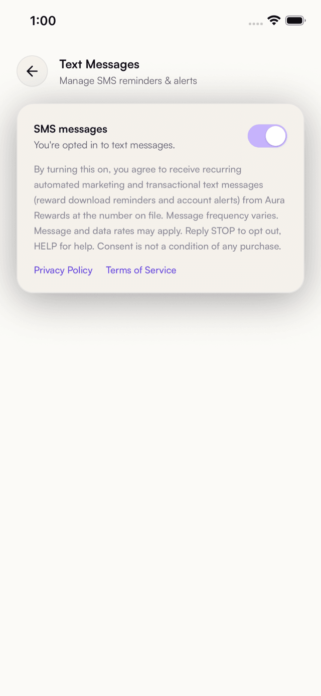Aura Rewards Text Messages settings screen where a member can opt out at any time